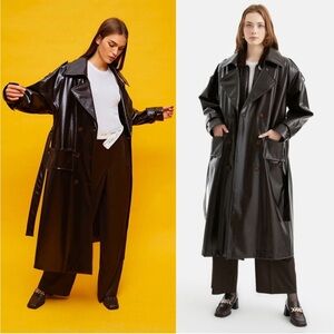 NWT Nocturne Belted Faux Leather Long Trench Coat Size XS Coffee Brown